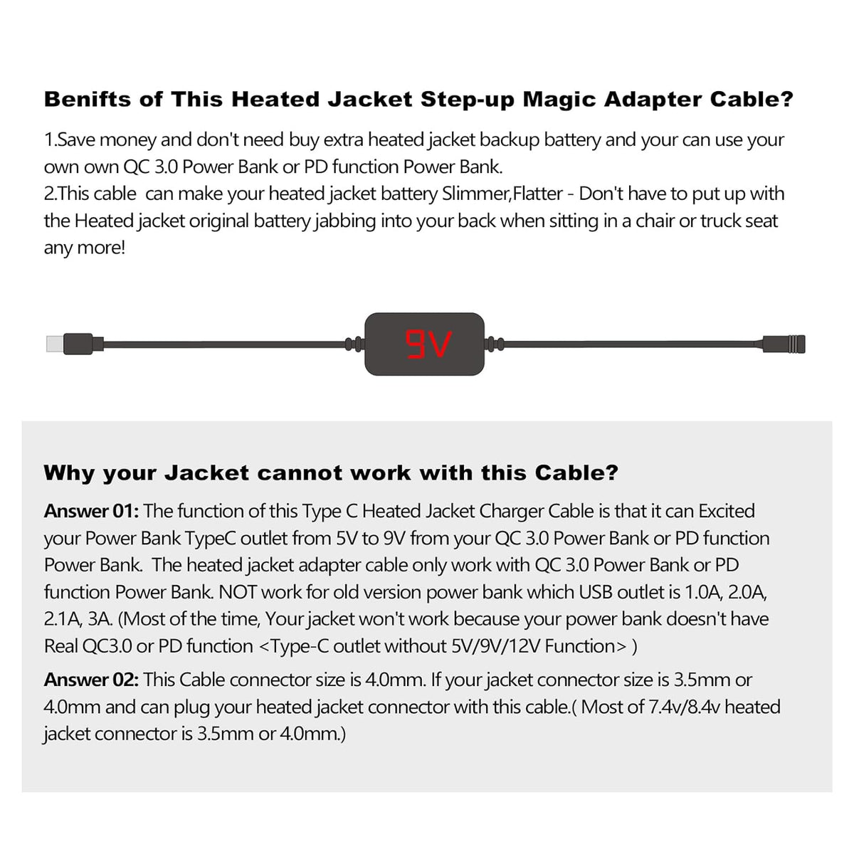 Smarkey 9V Heated Jacket Battery Step-Up Adapter Charger Cable TypeC to DC for 7.4V 8.4V Heated Jackets - Battery Heated Jacket