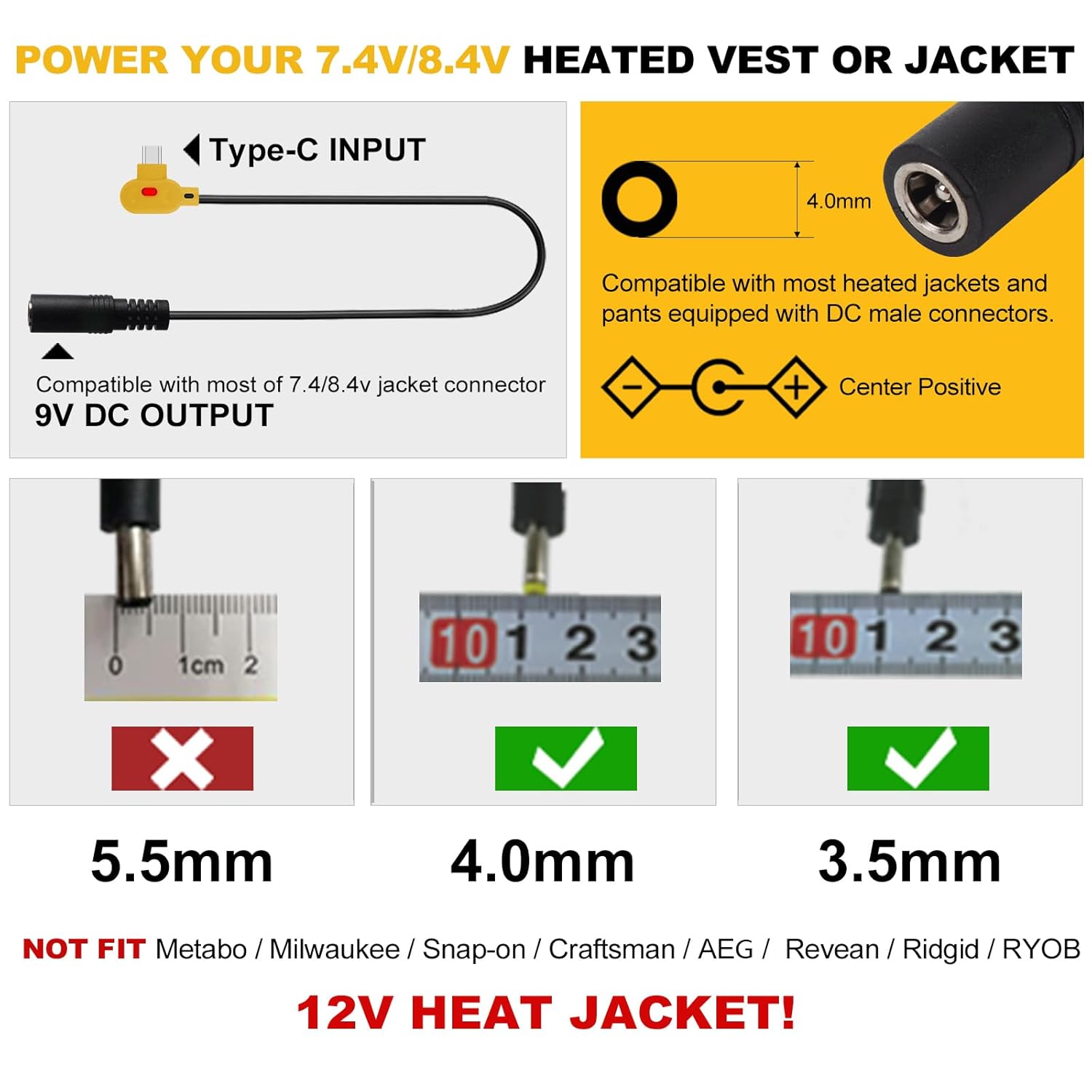 Smarkey 9V Heated Jacket Battery Step-Up Cable
