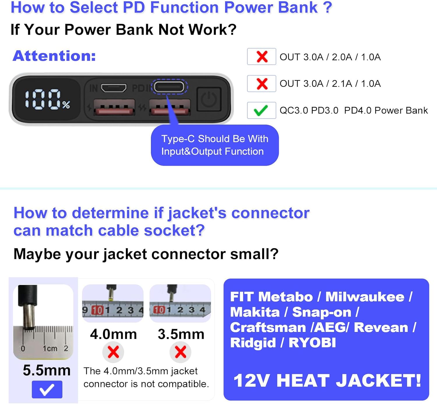 Smarkey Heated Jacket Adapter Charger USB Cable for Milwaukee, Revean, Snap-on, Metabo, Craftsman, AEG, Makita