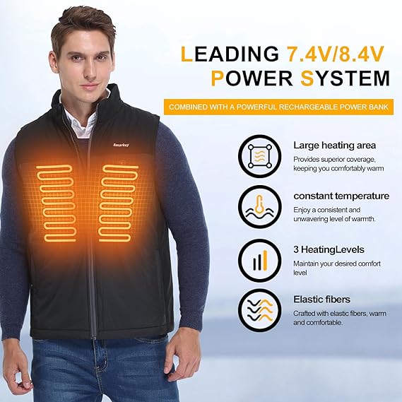 Smarkey Men's Heated Vest with Battery Pack 7.4V, Electric Warming Gear washable Winter Heating Vest - Battery Heated Jacket