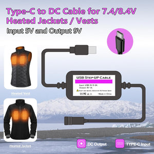Smarkey Heated Jacket Adapter Charger Voltage Step-Up Cable 5V step-up 9V for Heated Gear, Heated Vest, Heated Hoodies （Only Support PD Power Bank, Not for 12v Heated Jacket)