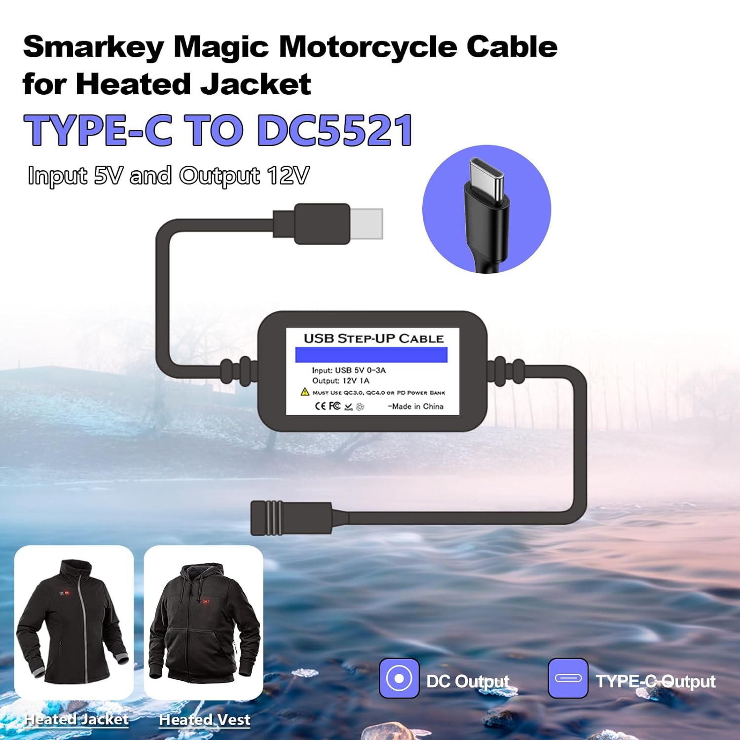 TypeC Step-up cable 12V Heated Jacket Adapter TypeC Charger
