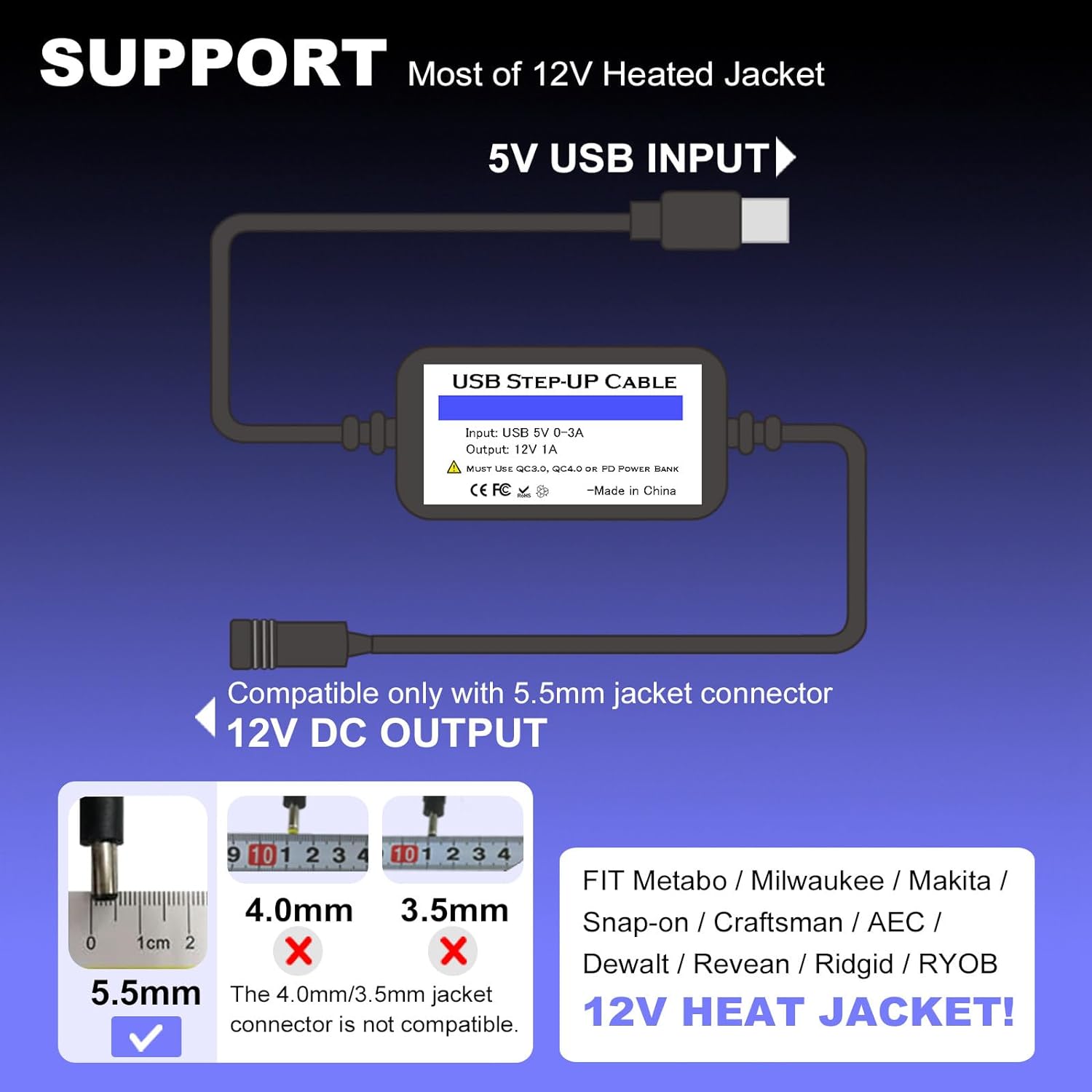 Smarkey Heated Jacket Adapter Charger TypeC Voltage Step-Up Cable 5V step-up 12V for Milwaukee - Battery Heated Jacket