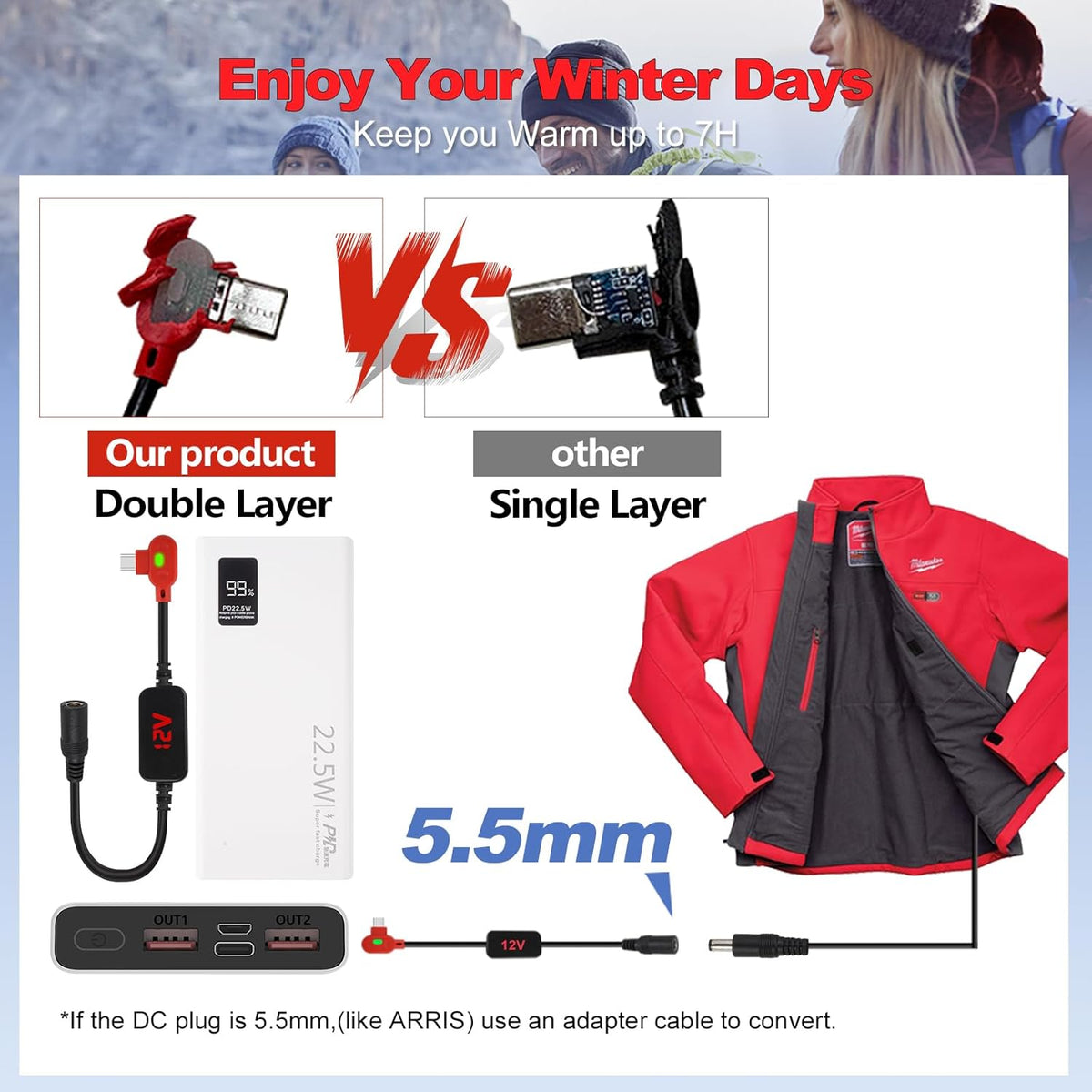 Smarkey Heated Jacket Battery Replacement 12V QC3.0 PD Power Bank with Type C to DC - Battery Heated Jacket