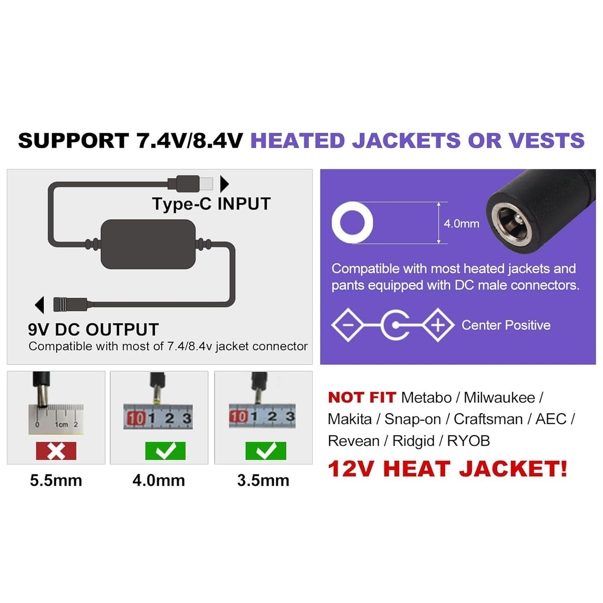Smarkey 9V Heated Jacket Battery Step-Up Adapter Charger Cable TypeC to DC for 7.4V 8.4V Heated Jackets - Battery Heated Jacket