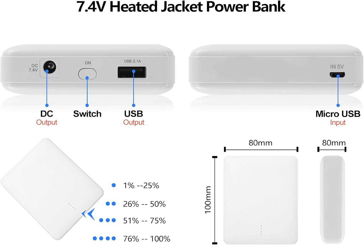 Smarkey 7.4v 5000mAh Heated Jacket Battery with Charger Cable - Battery Heated Jacket
