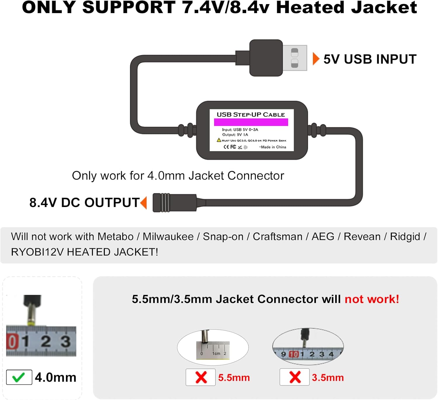Smarkey Heated Jacket Battery Step-Up Charger Cable 5v USB to 8.4v 12W - Battery Heated Jacket