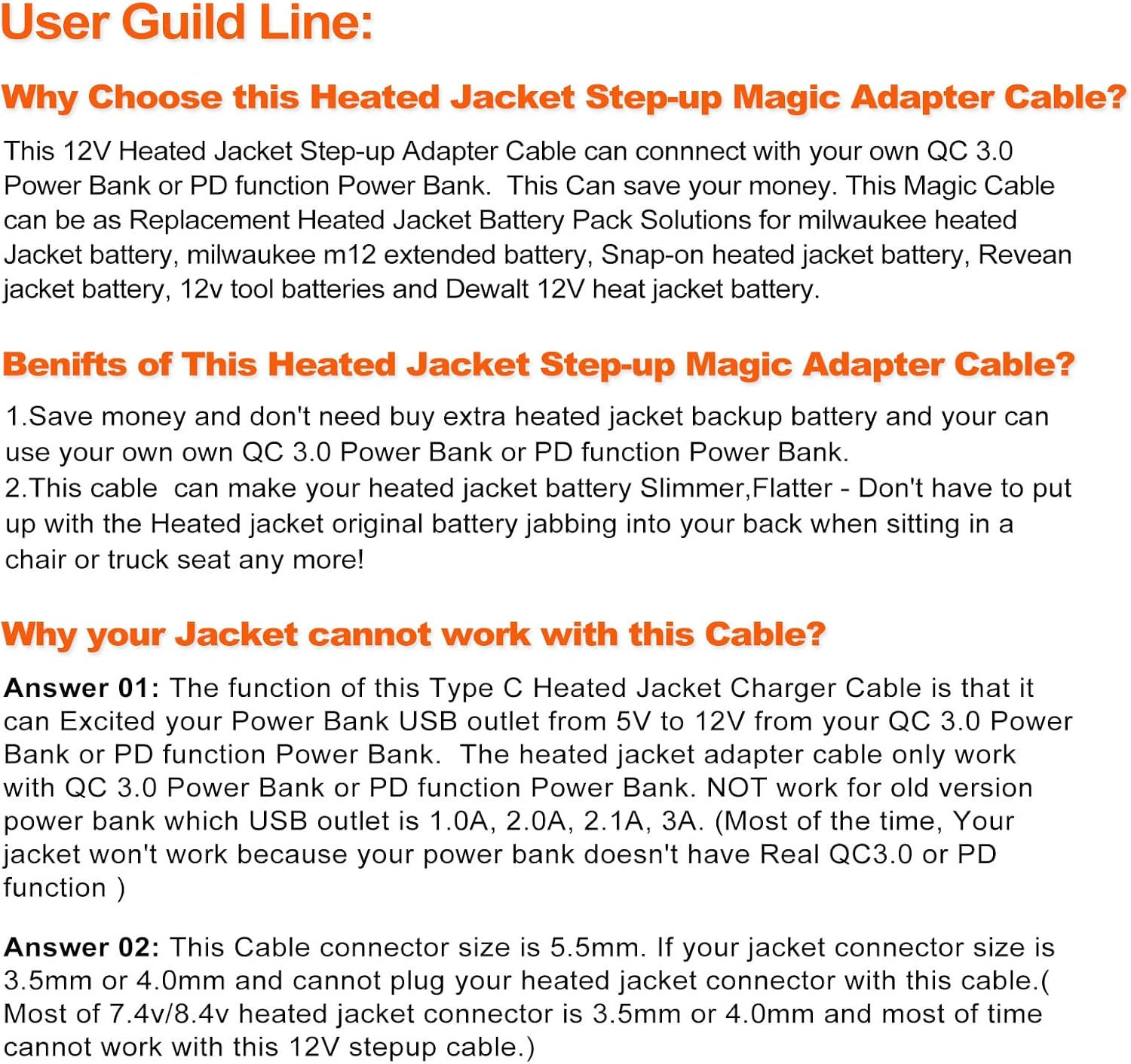 Smarkey Heated Jacket Adapter Charger USB Cable for Milwaukee, Revean, Snap-on, Metabo, Craftsman, AEG, Makita