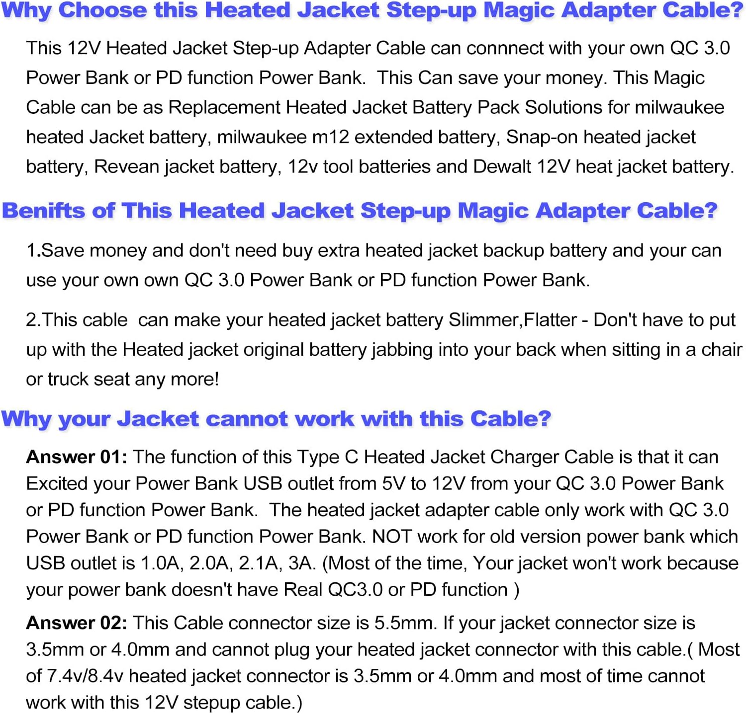 Smarkey Heated Jacket Step-up Magic Adapter Cable Compatible with 12V Milwaukee - Battery Heated Jacket