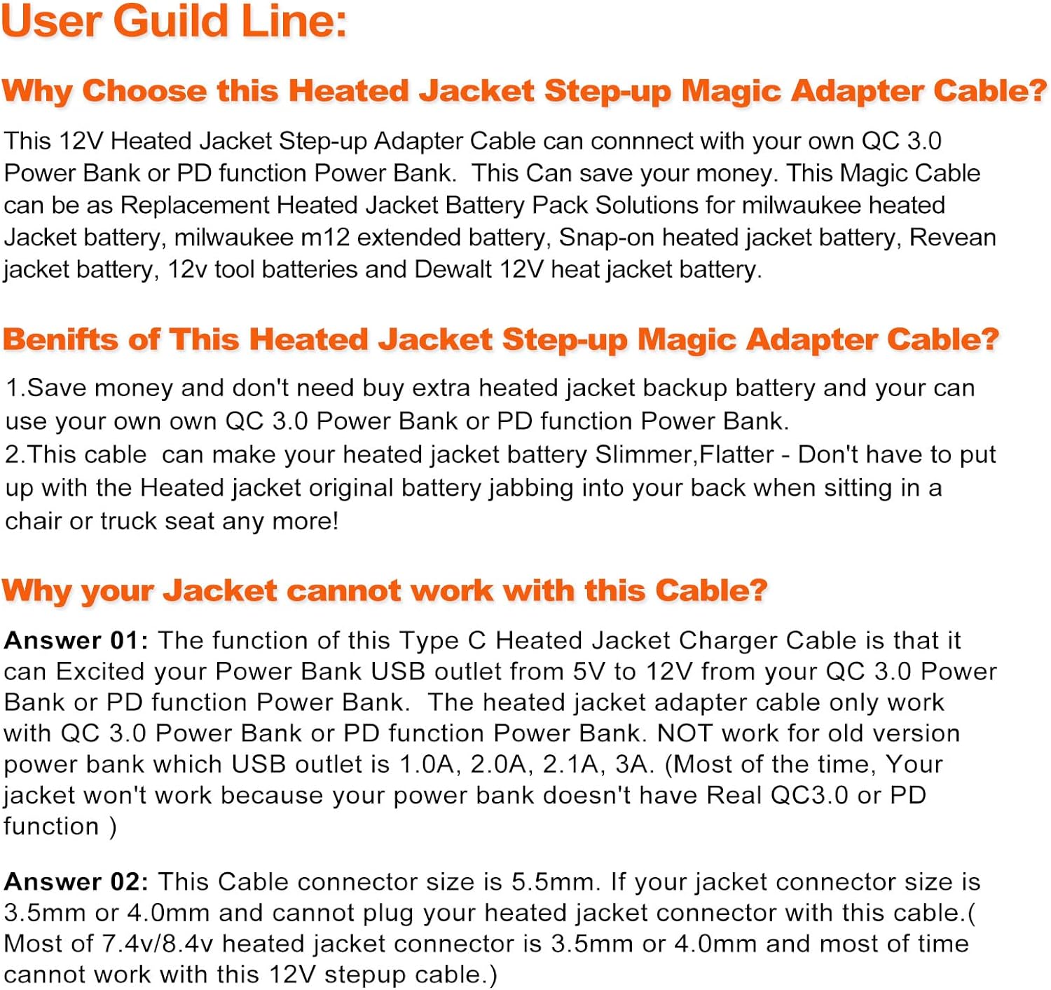 Smarkey Heated Jacket Adapter Charger USB Plug Cable for Milwaukee - Battery Heated Jacket