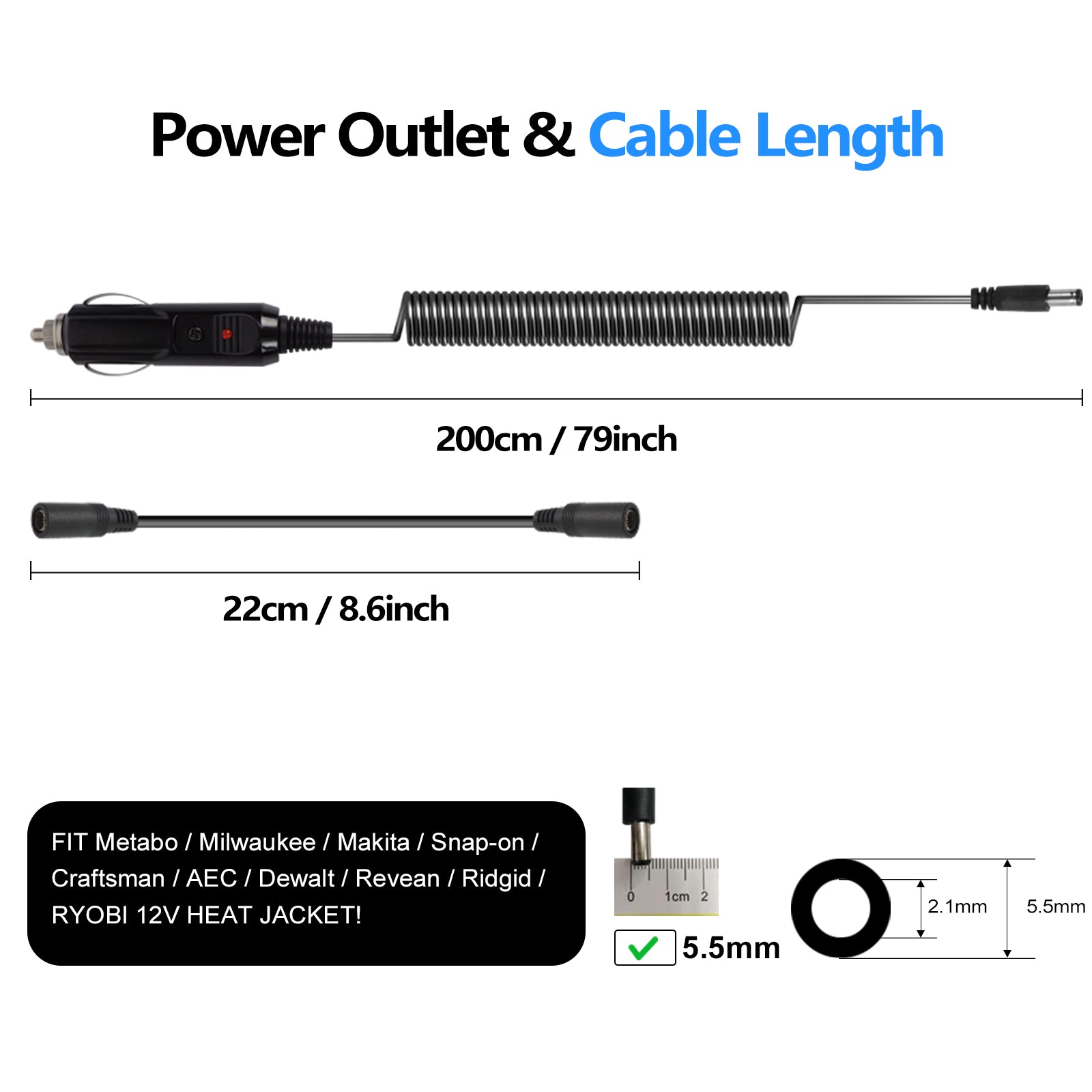 Smarkey 12v Heated Jacket Adapter Charger Liner Plug for Milwaukee, Dewalt, Revean, Snap-on, Metabo, Craftsman, AEG, Harley Davidson (Heavy Duty)