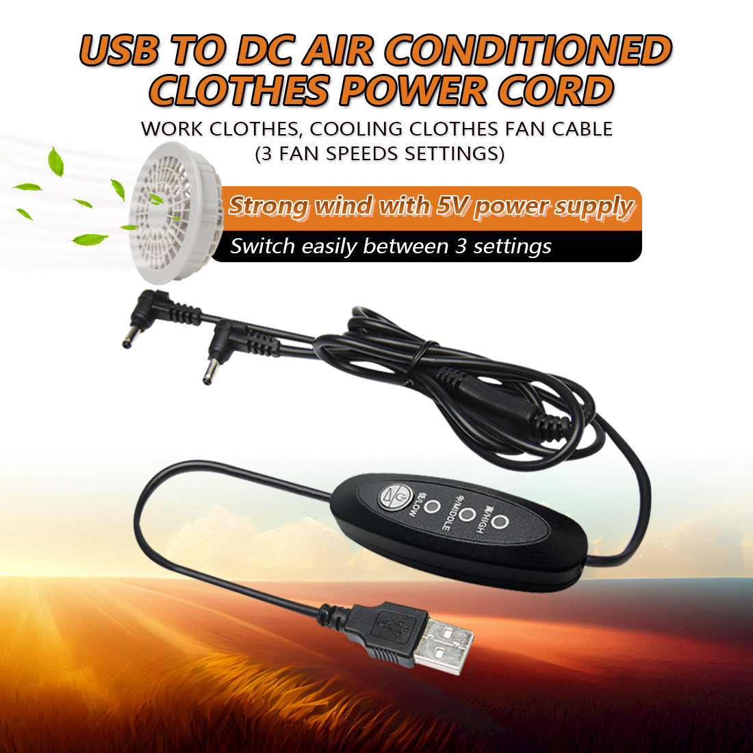 USB-DC 3 level control cable for cooling fan jacket - Battery Heated Jacket