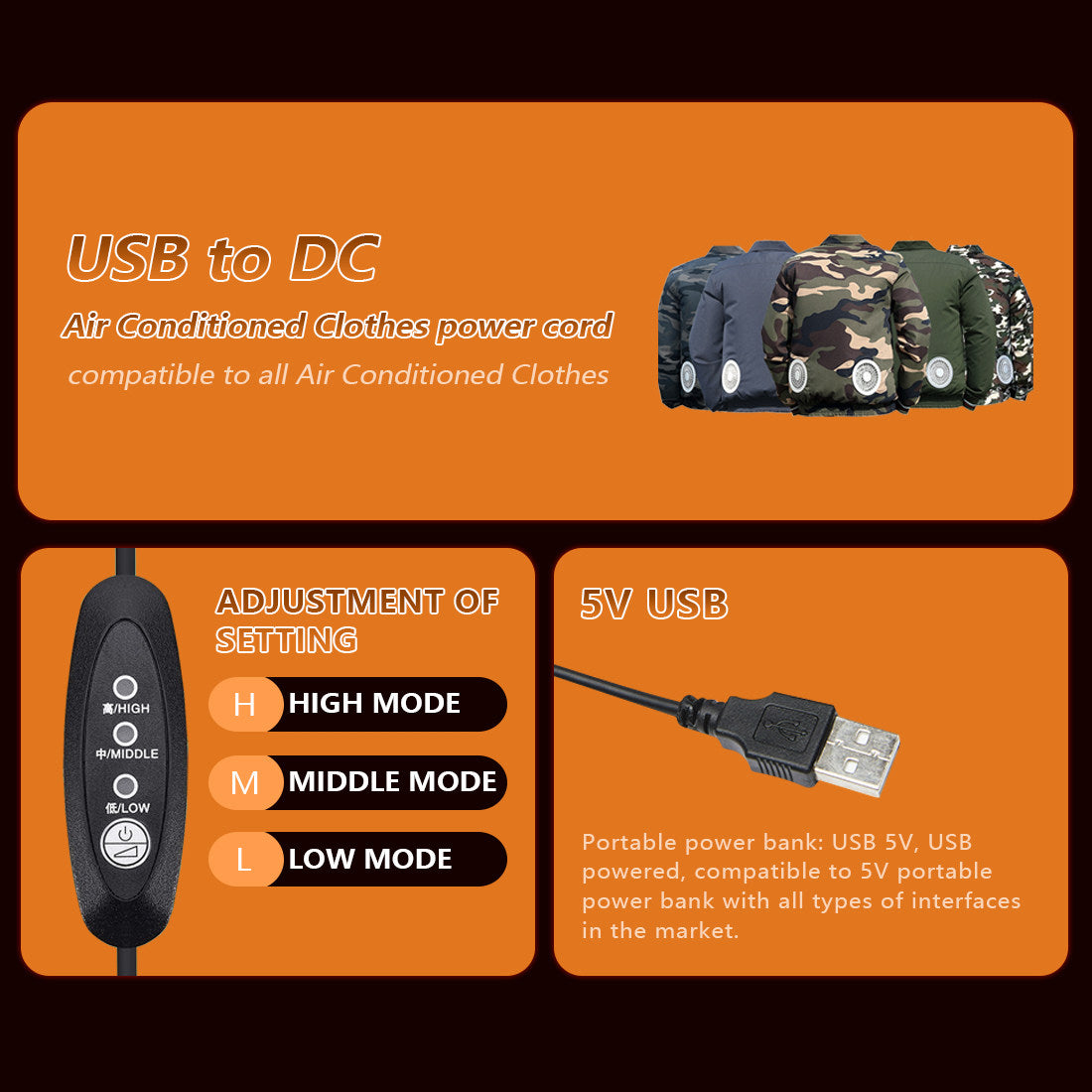 USB-DC 3 level control cable for cooling fan jacket - Battery Heated Jacket